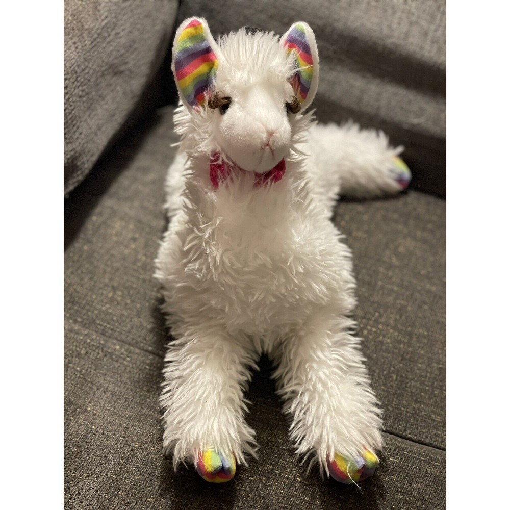 Douglas The Cuddle Toy Llama Plush White Rainbow Ears Hooves Pink Sequin Bow Tie